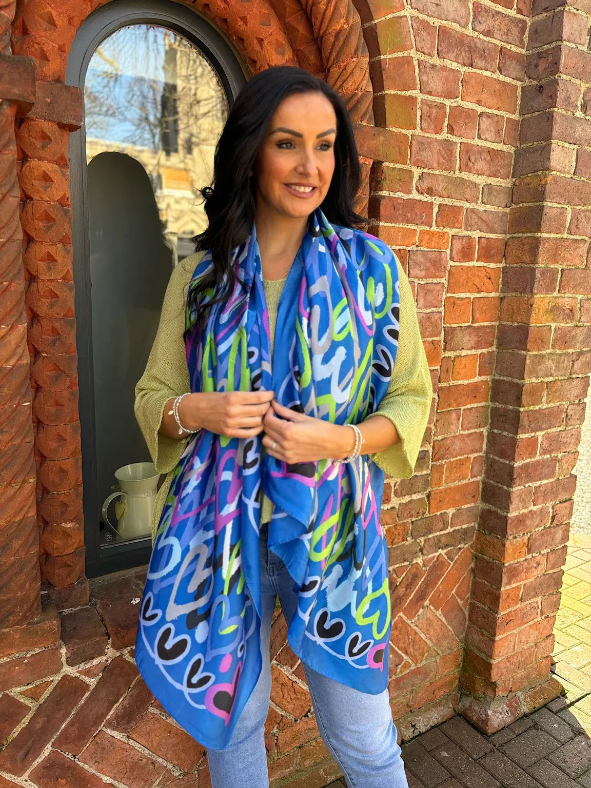 Blue Multi Heart Silk Blend Scarf