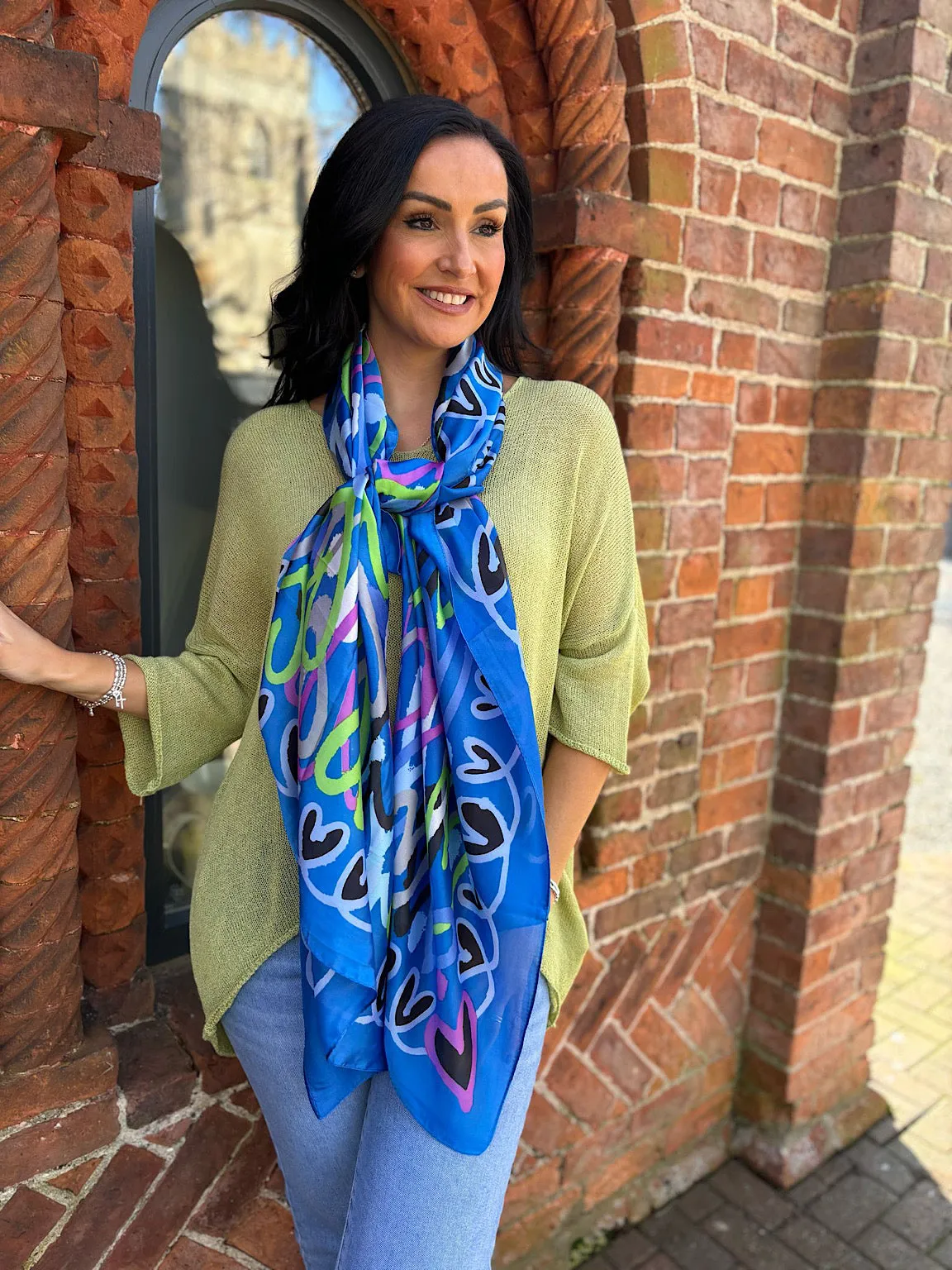 Blue Multi Heart Silk Blend Scarf