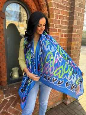 Blue Multi Heart Silk Blend Scarf