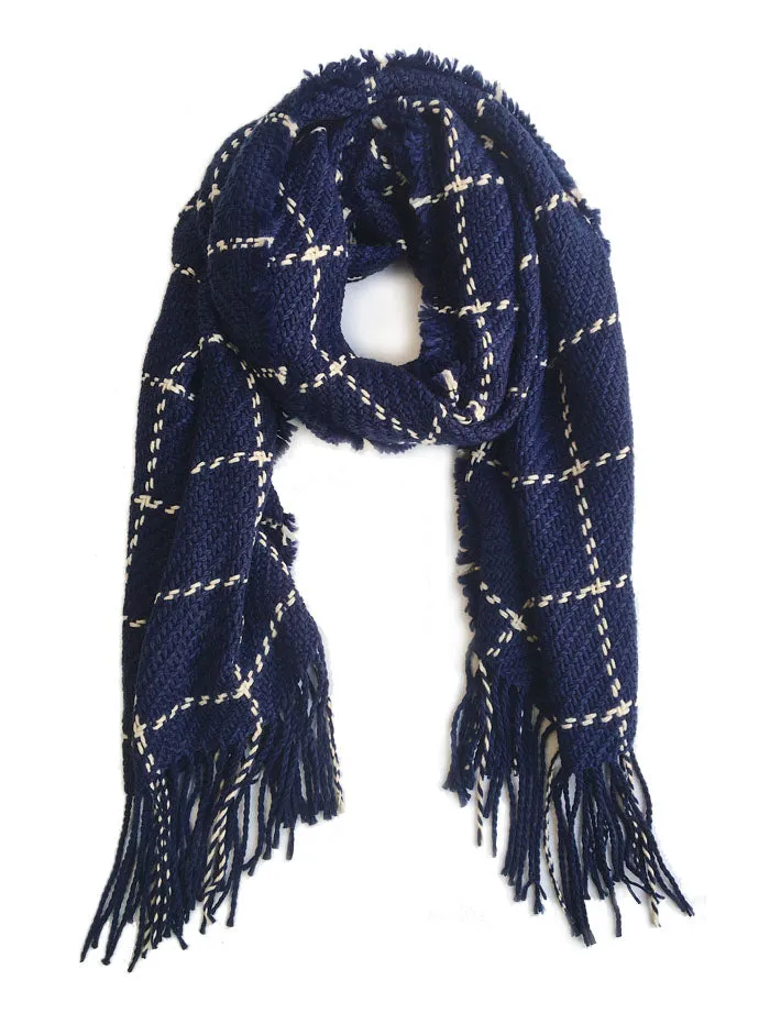 Chunky Knit Grid Scarves Dark Blue