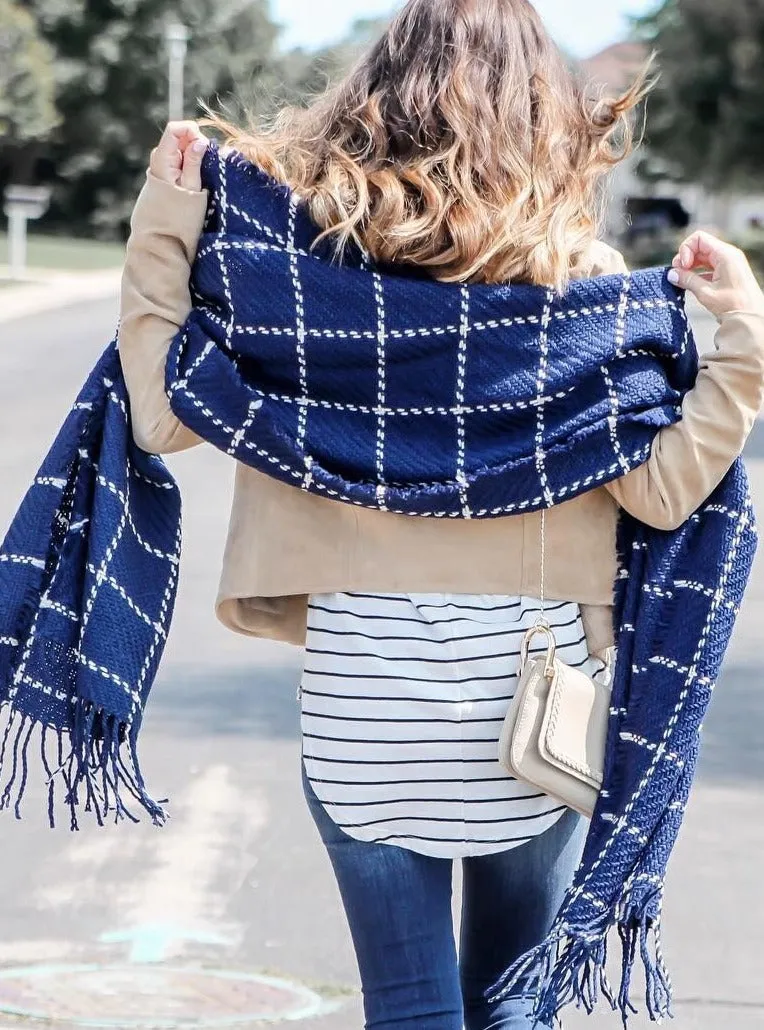 Chunky Knit Grid Scarves Dark Blue