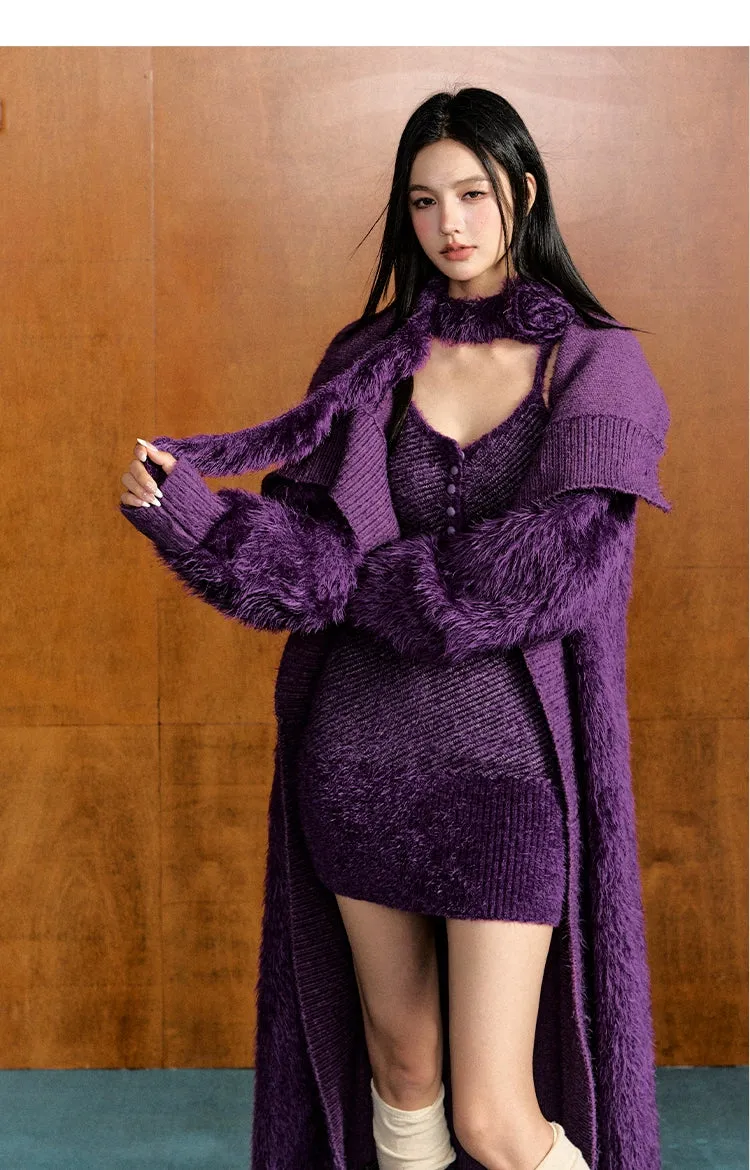 (Final Sale) Feather Yarn Long Knit Cardigan & Knit Cami Dress Set