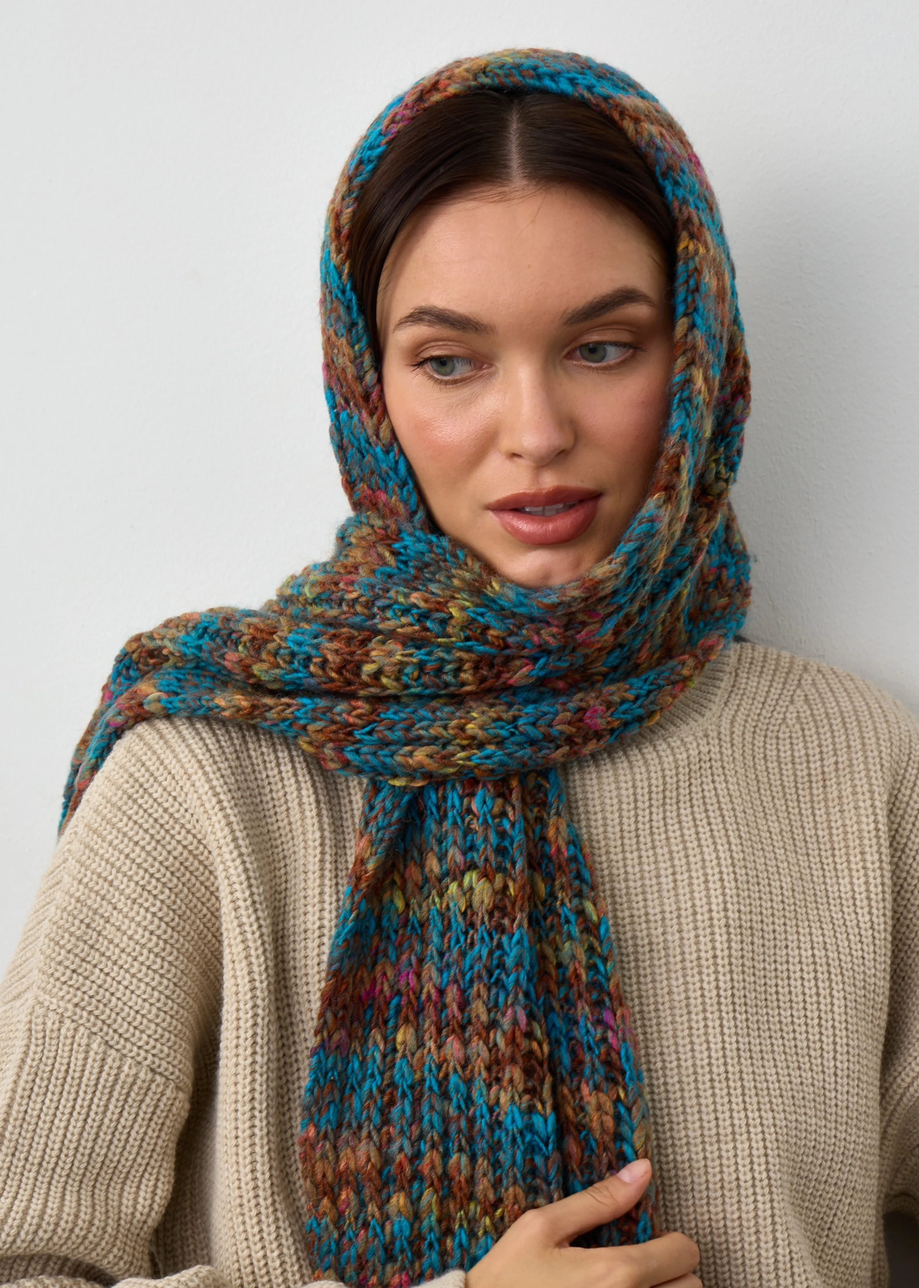 Oversized Alpaca Wool Scarf - Turquoise & Orange