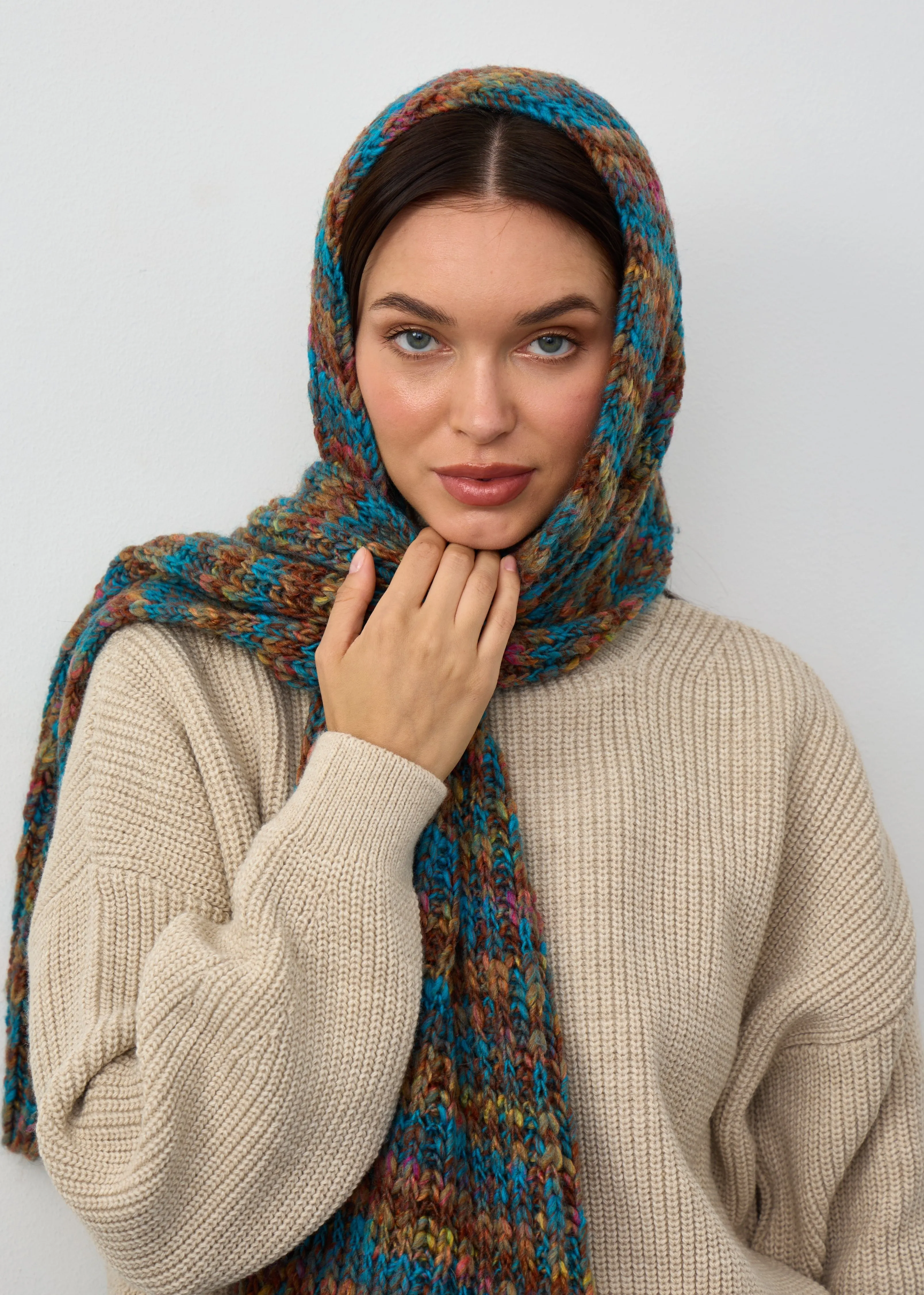 Oversized Alpaca Wool Scarf - Turquoise & Orange