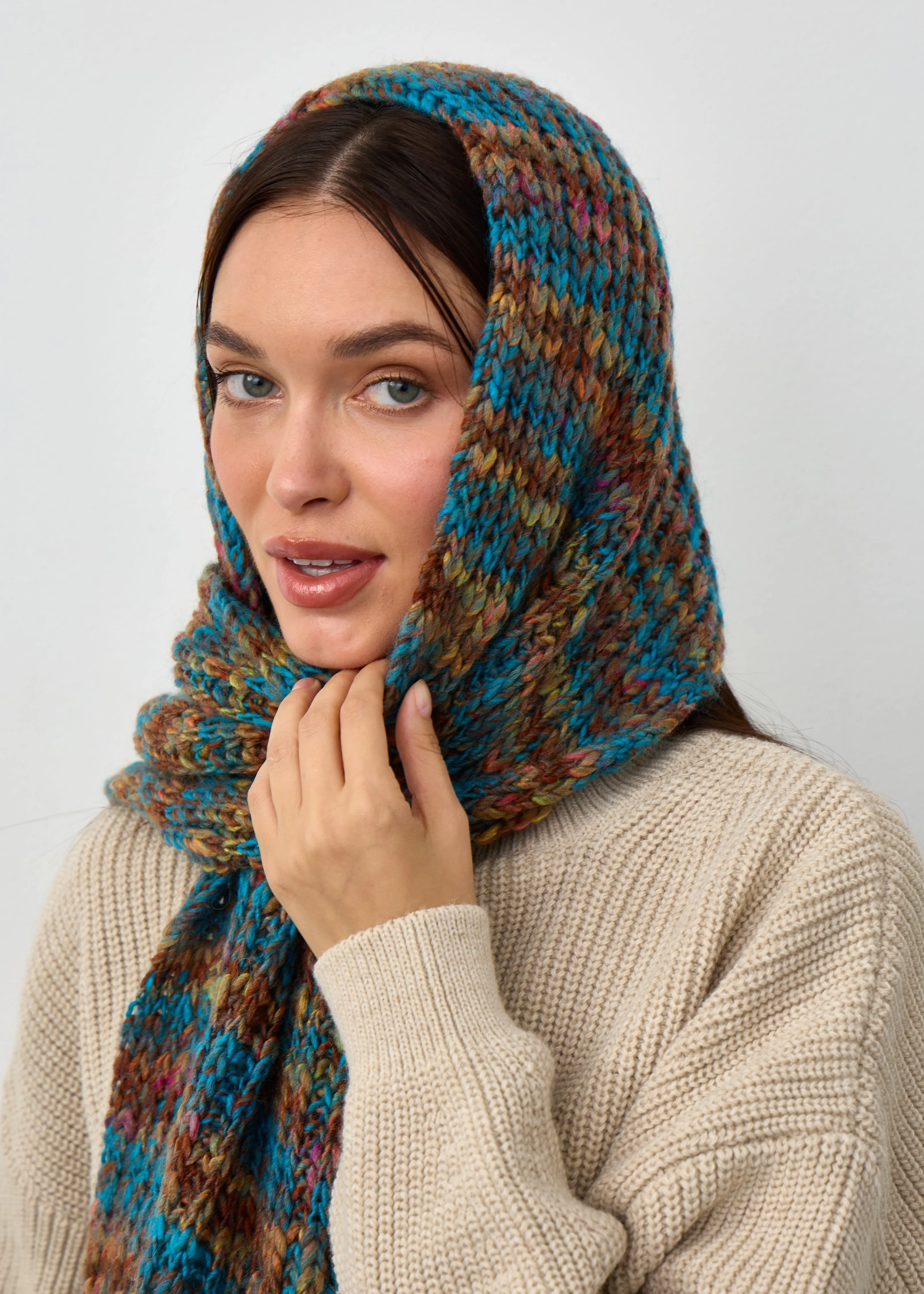 Oversized Alpaca Wool Scarf - Turquoise & Orange