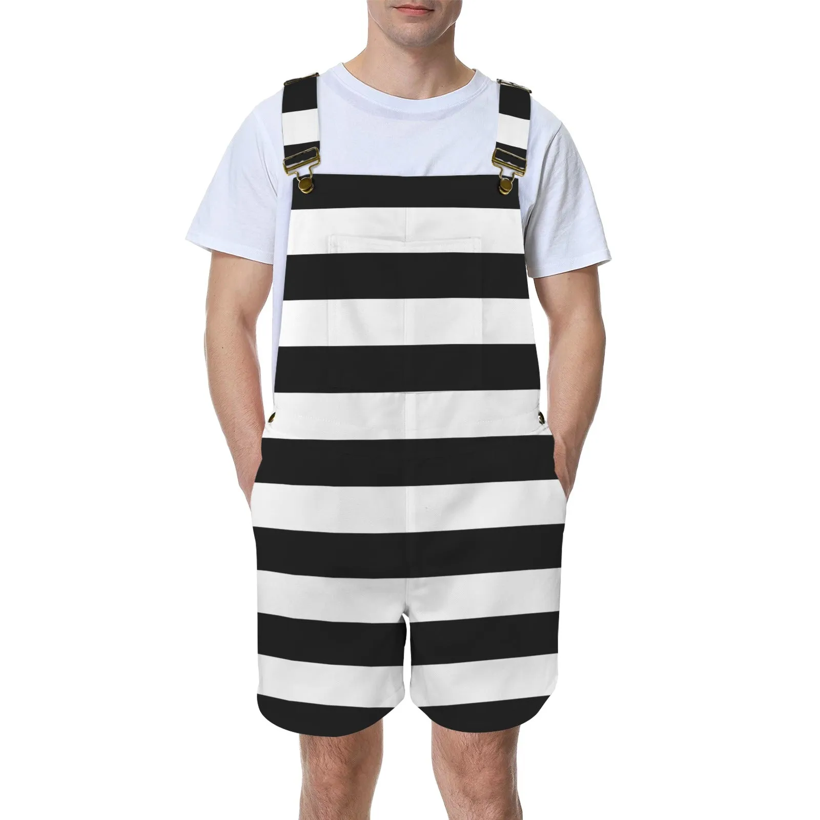 Striped Unisex Shorts Suspender Jumpsuit