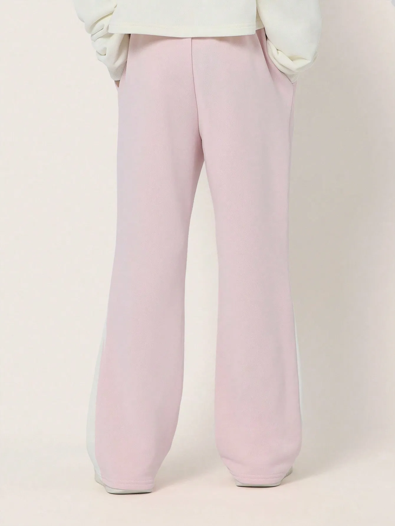 Tween Girls Comfy Flare Fit Contrast Panel Sweatpants With Small Graphic Print & Drawstrings