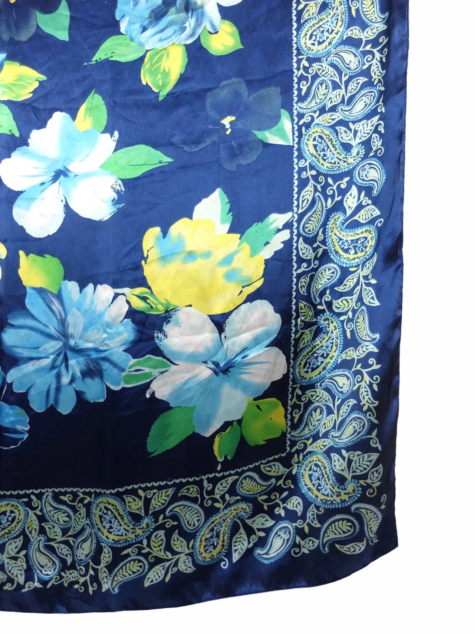 Vintage 80s Bohemian Chic Blue Floral Roses & Paisley Print Silky Square Bandana Neck Tie Scarf
