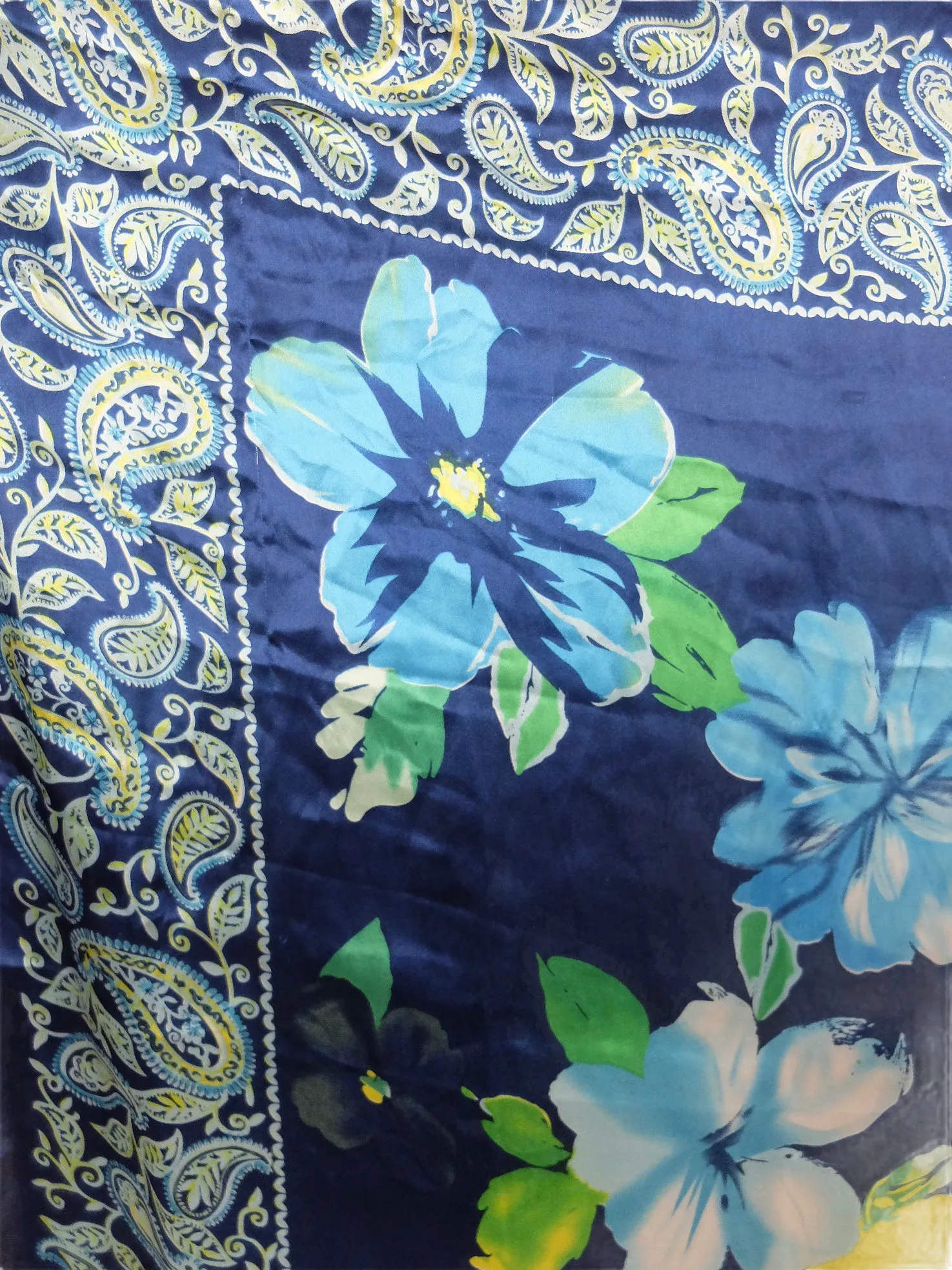 Vintage 80s Bohemian Chic Blue Floral Roses & Paisley Print Silky Square Bandana Neck Tie Scarf